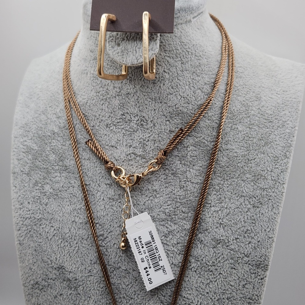 Modernist Mate Gold Tone Stone Pendant Necklace & Square Hoop Earringsβ Set - Picture 5 of 8